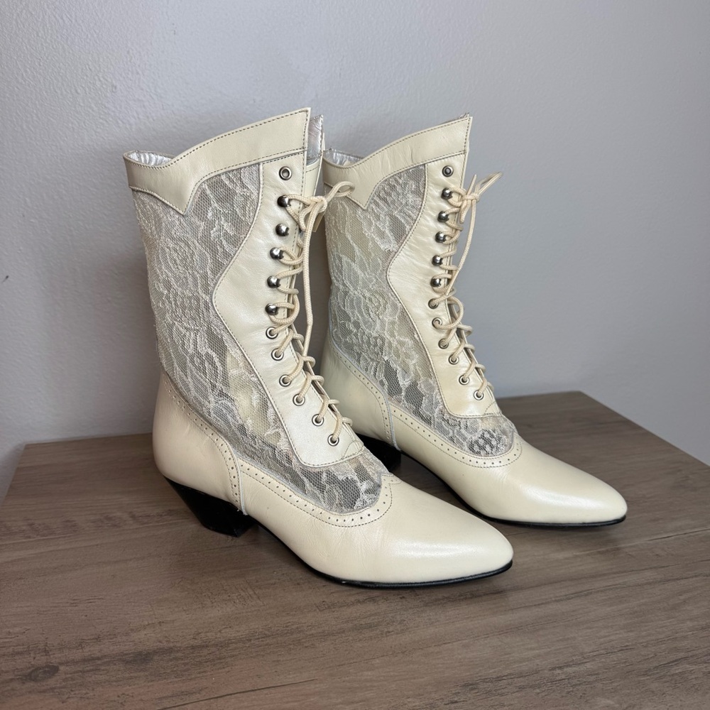 Oak Tree Farms Jennie Ivory Lace Victorian Boots White Vintage